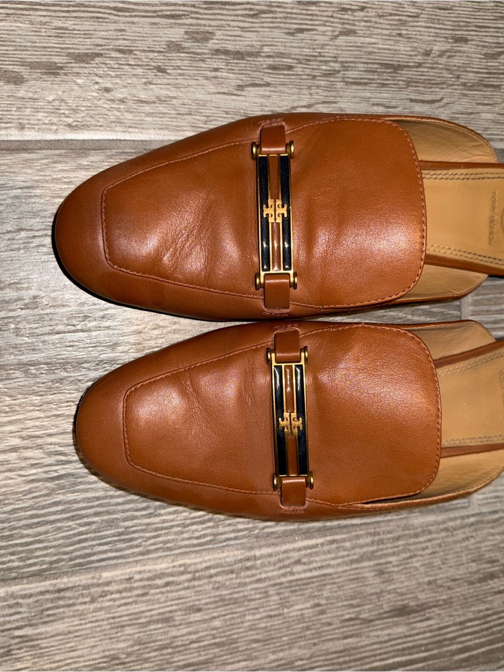 Tory Burch Cognac Leather Backless Loafers with Gold-Tone Hardware